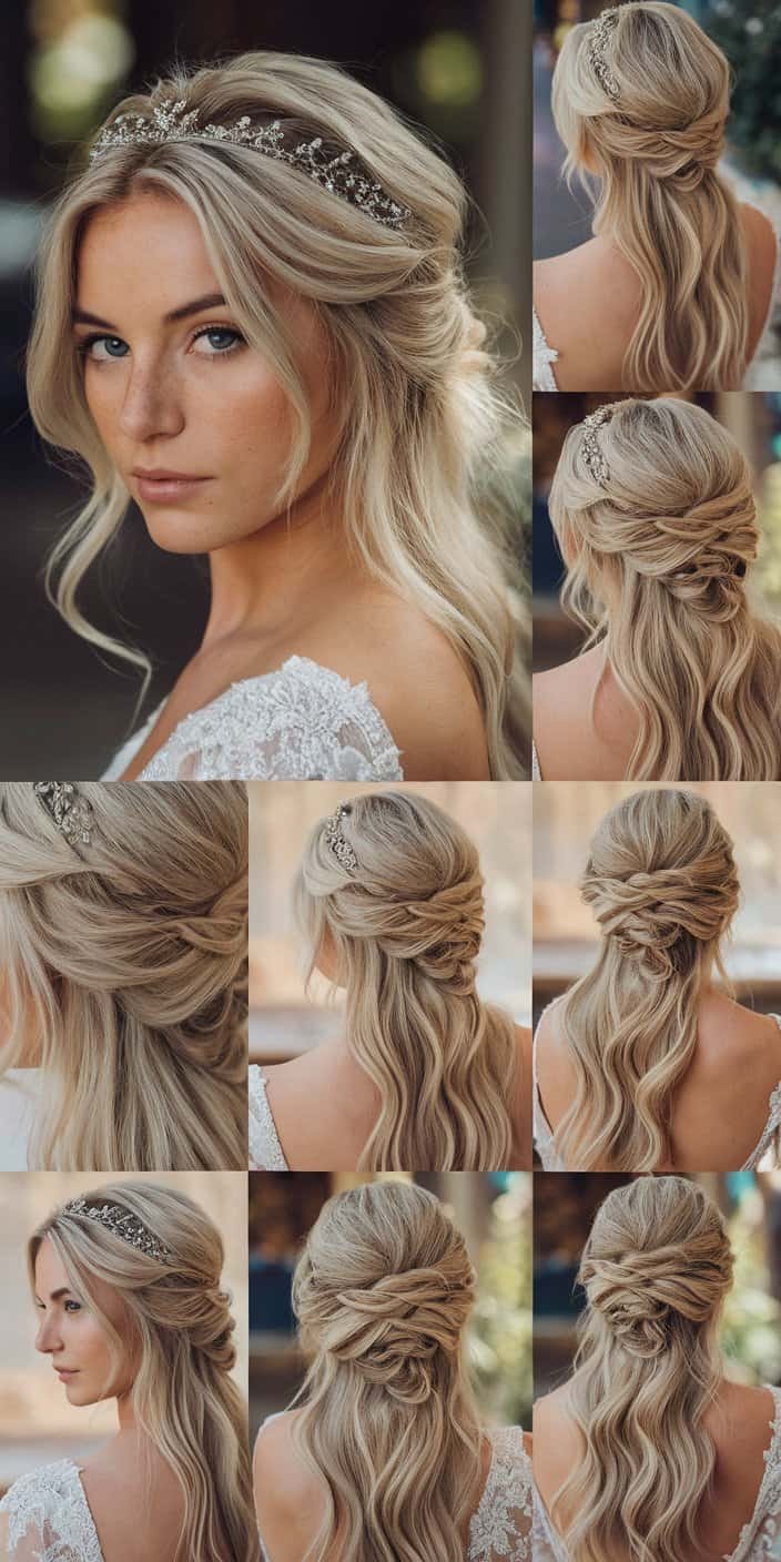 Romantic wedding guest hairstyle presenting a twisted half-crown with flowing waves
