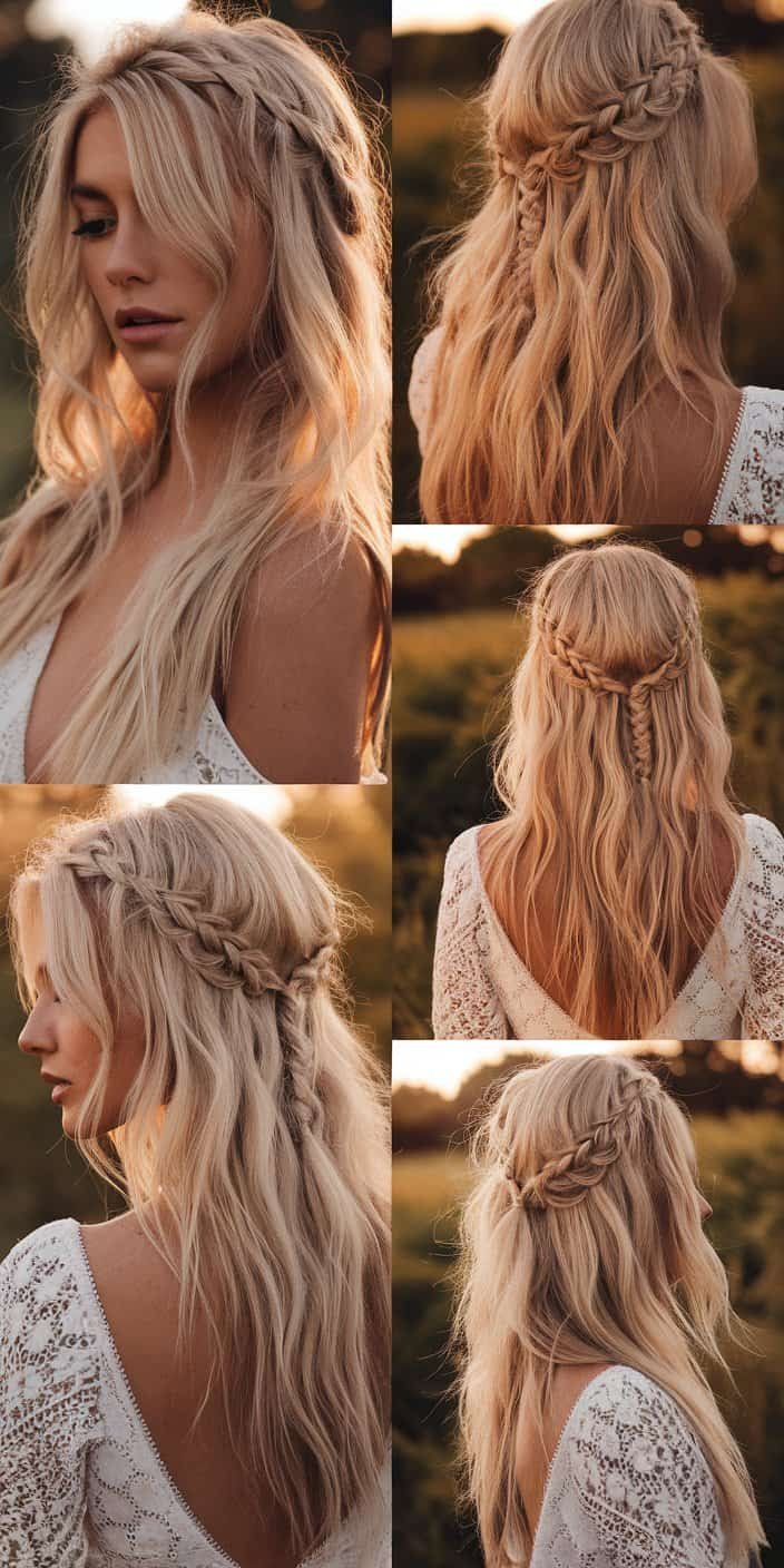 Bohemian Waves Back View: Full back image showing braid integration, a great wedding guest hairstyle.

