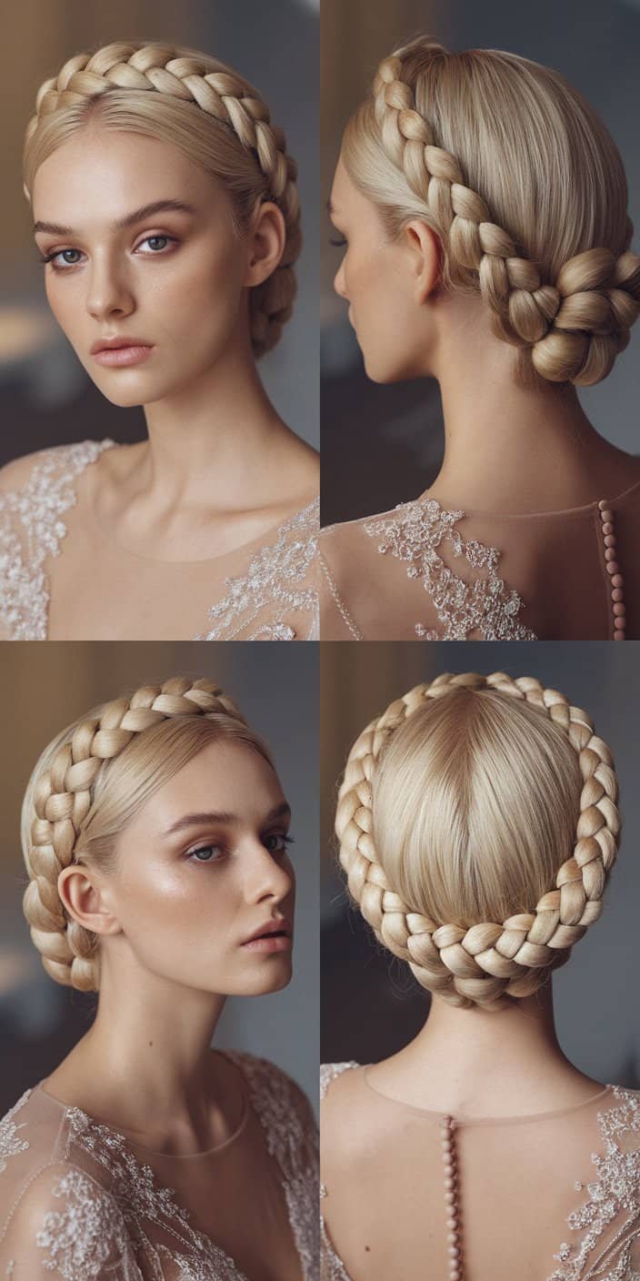 Intricate wedding guest hairstyle displaying a woven crown braid updo for formal celebrations