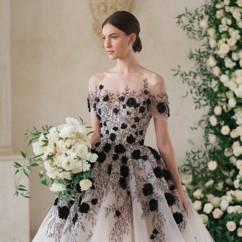 Floral appliqué black and white wedding dresses with black floral details on a white gown, perfect for the romantic bride.