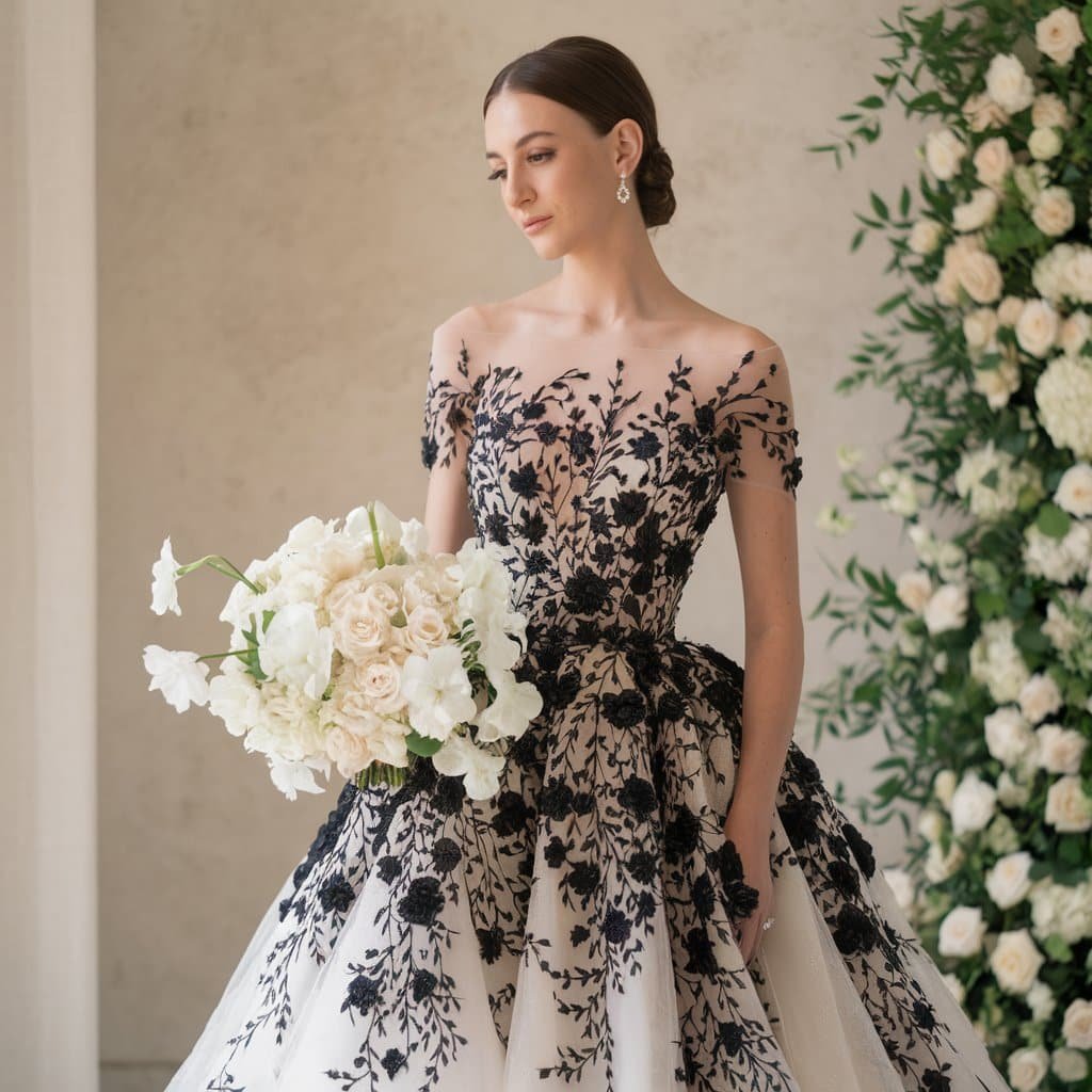 Black and white wedding dresses with beautiful floral appliqué details, offering a romantic yet bold contrast.