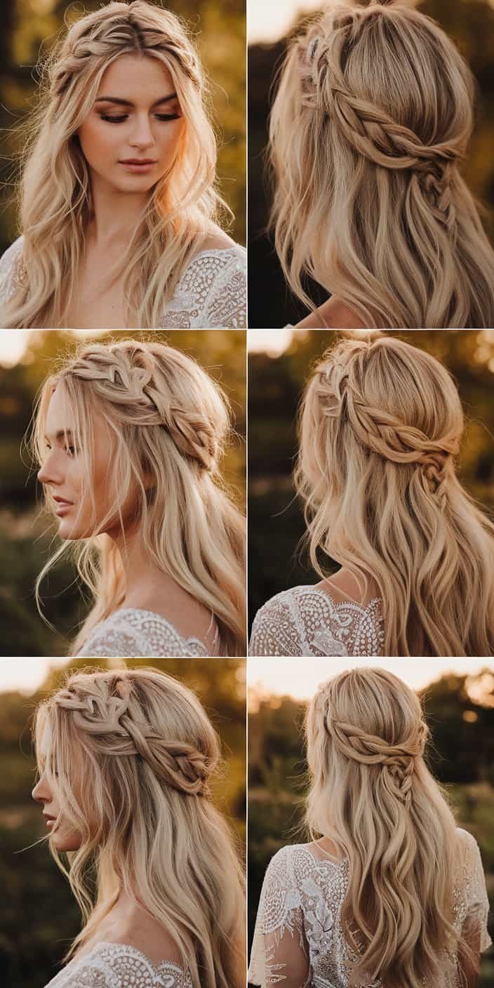 Modern Textured Half-Up Front View: Voluminous textured half-up hairstyle with soft framing, an ideal wedding guest hairstyle.

