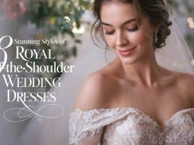 Radiant bride wearing a luxurious royal off-the-shoulder wedding dress, capturing the beauty of soft curls and delicate embellishments in a garden setting.