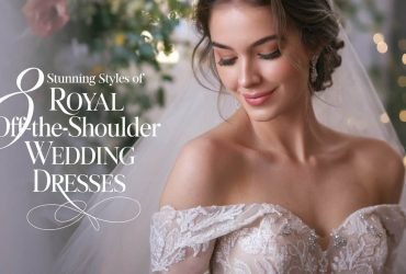 Radiant bride wearing a luxurious royal off-the-shoulder wedding dress, capturing the beauty of soft curls and delicate embellishments in a garden setting.