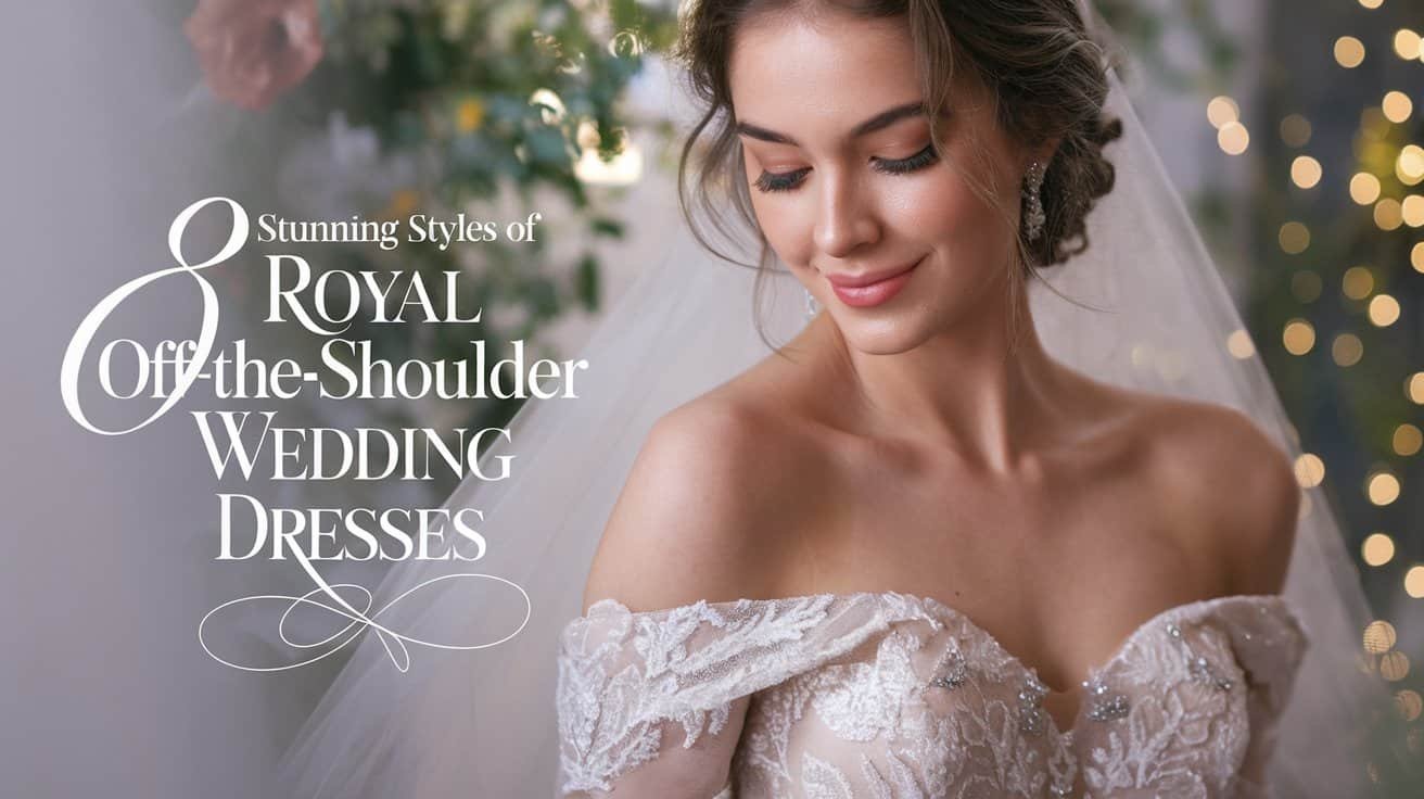 Radiant bride wearing a luxurious royal off-the-shoulder wedding dress, capturing the beauty of soft curls and delicate embellishments in a garden setting.