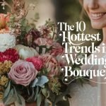 A stunning close-up photo titled "The 10 Hottest Trends in Wedding Bouquets," featuring a beautiful bride holding an exquisite bouquet