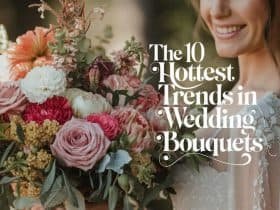 A stunning close-up photo titled "The 10 Hottest Trends in Wedding Bouquets," featuring a beautiful bride holding an exquisite bouquet