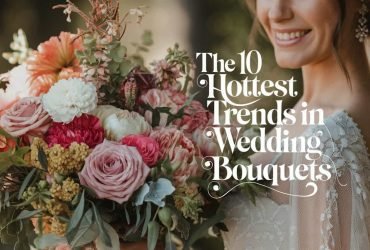 A stunning close-up photo titled "The 10 Hottest Trends in Wedding Bouquets," featuring a beautiful bride holding an exquisite bouquet