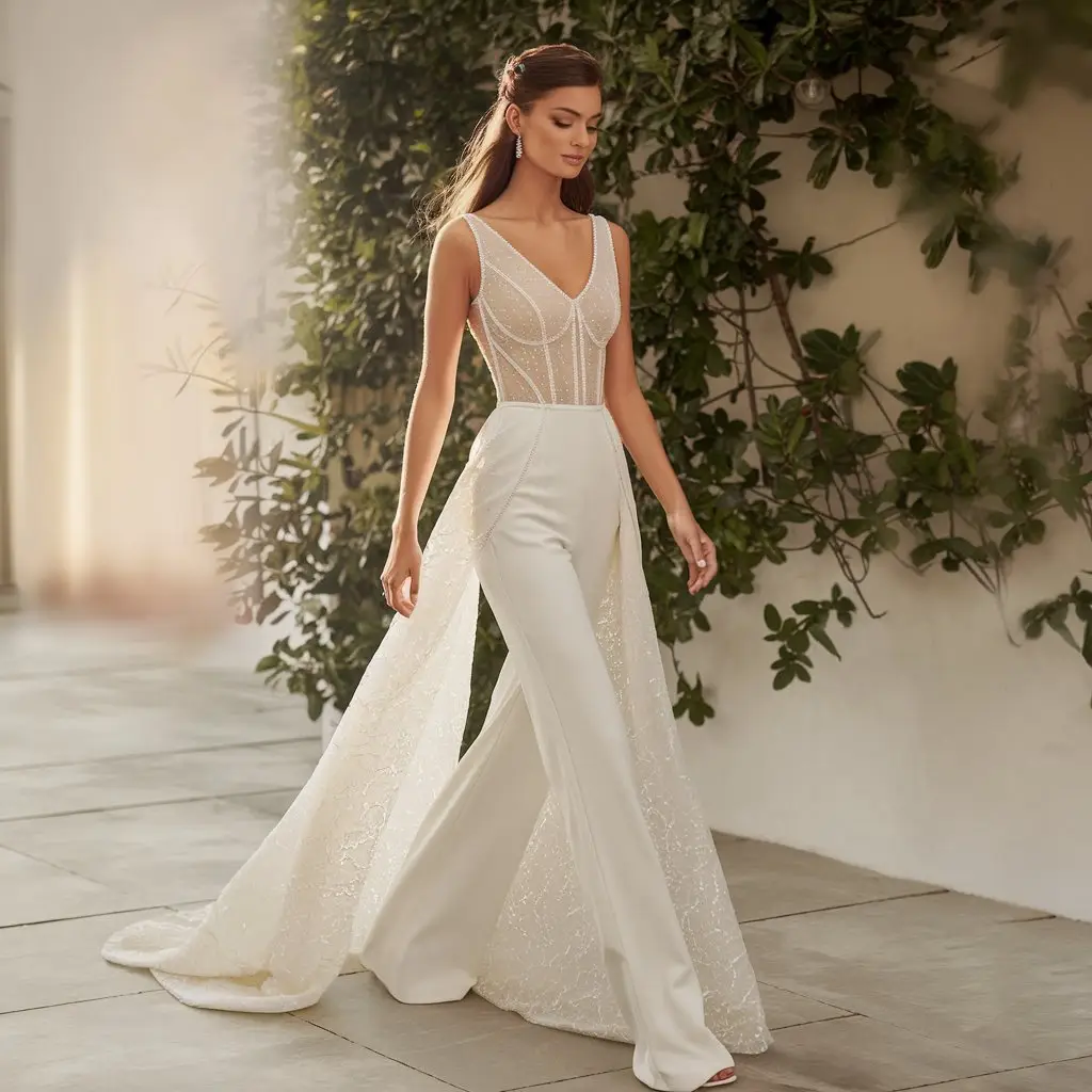 Elegant bride in a stunning jumpsuit wedding dress, walking through a romantic garden with soft lighting creating a magical ambiance