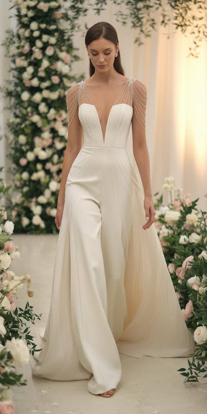 Sexy bride in a modern jumpsuit wedding dress, looking downward with grace, capturing the contemporary bridal style