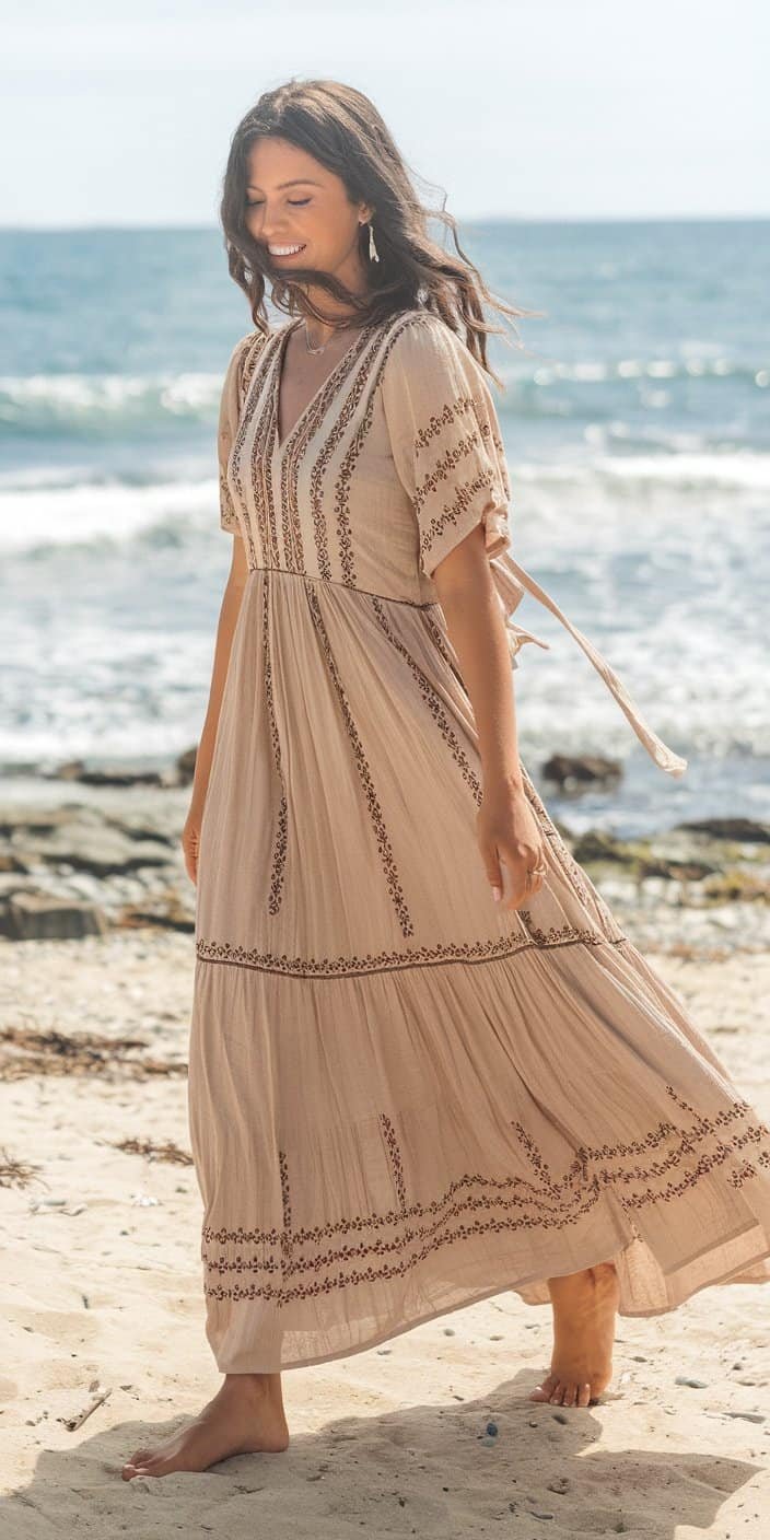Free-spirited beach wedding guest dresses in boho chic style with embroidery.