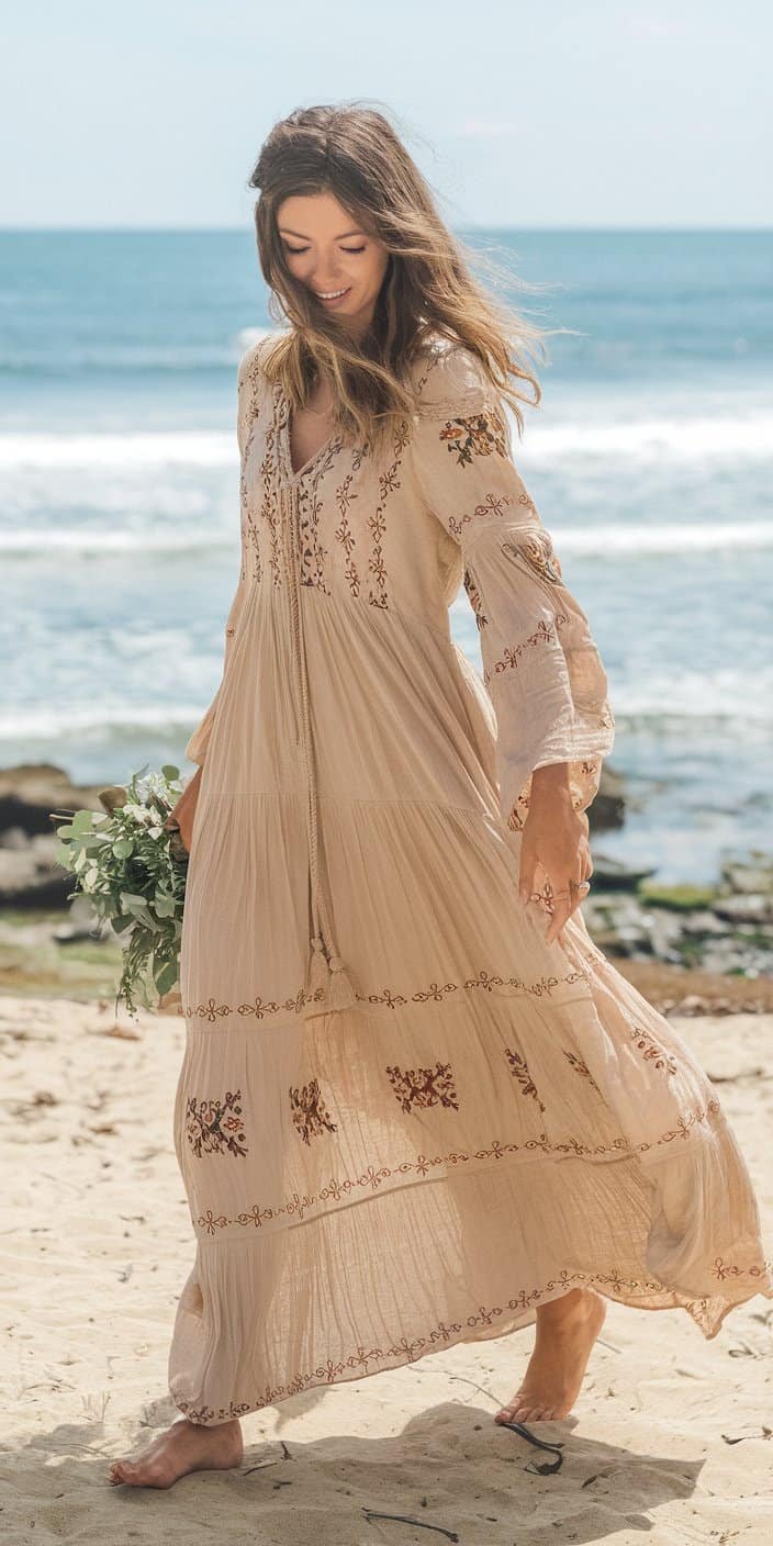 Intricate embroidery boho maxi dress, perfect for a relaxed beach wedding guest.