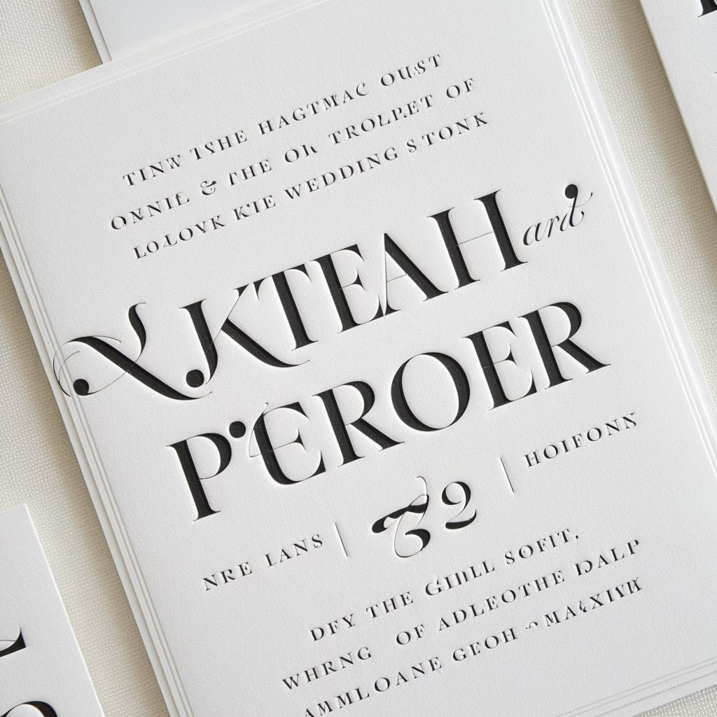 Elegant black and white wedding invitation featuring serif fonts with intricate strokes at the edges of each letter.