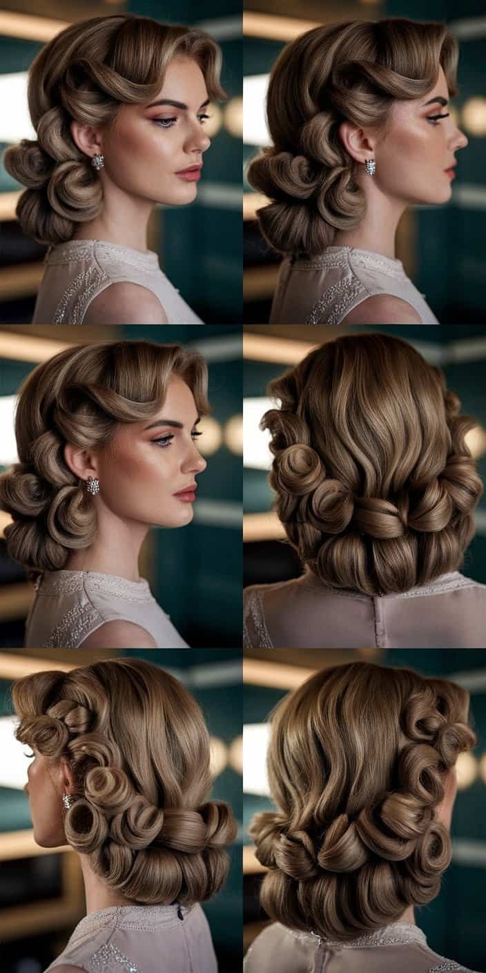 Side-Swept Cascading Curls Front View: Side-swept curls with soft framing, perfect for wedding guest hairstyles.

