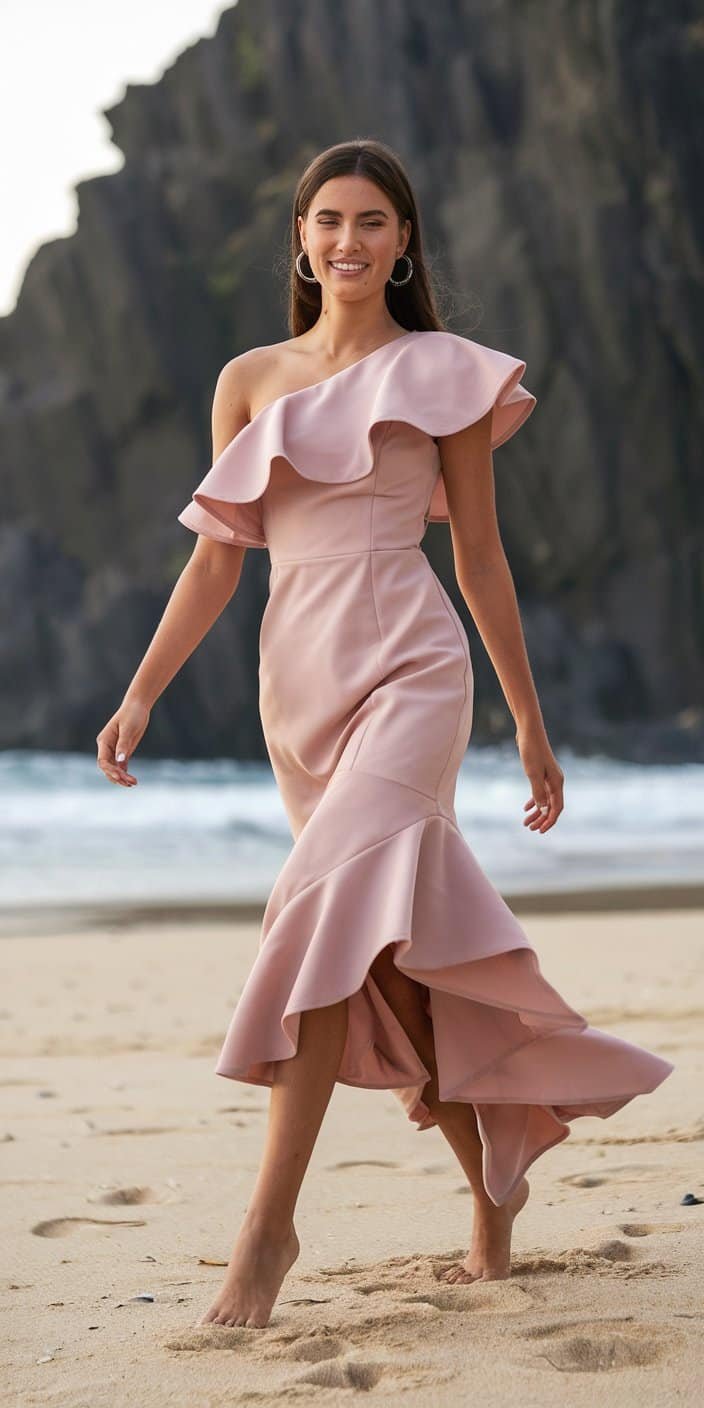 Beautiful one-shoulder ruffle beach wedding guest dresses for a bold style