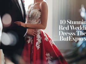 Bride showcasing one of 10 stunning red wedding dresses that break tradition, featuring a bold crimson ball gown.