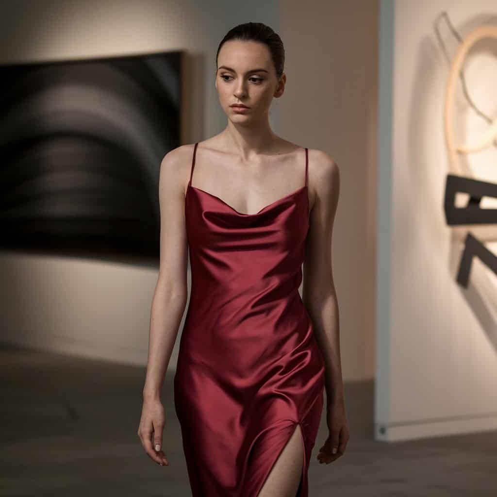 Minimalist crimson slip dress in silk charmeuse, a modern take on red wedding dresses.
