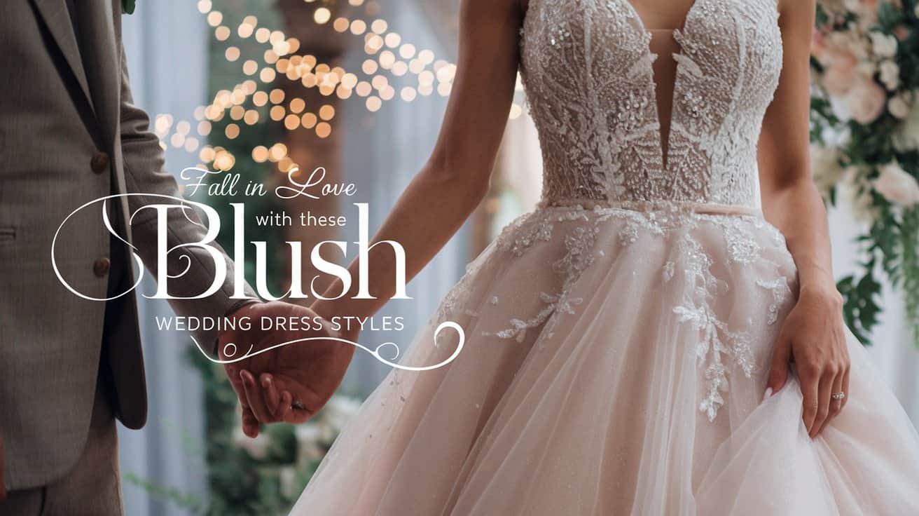 A bride in an elegant blush wedding dress with soft textures and fine embroidery, captured in a tender moment with her groom, highlighted by twinkling fairy lights and lush greenery in the background.