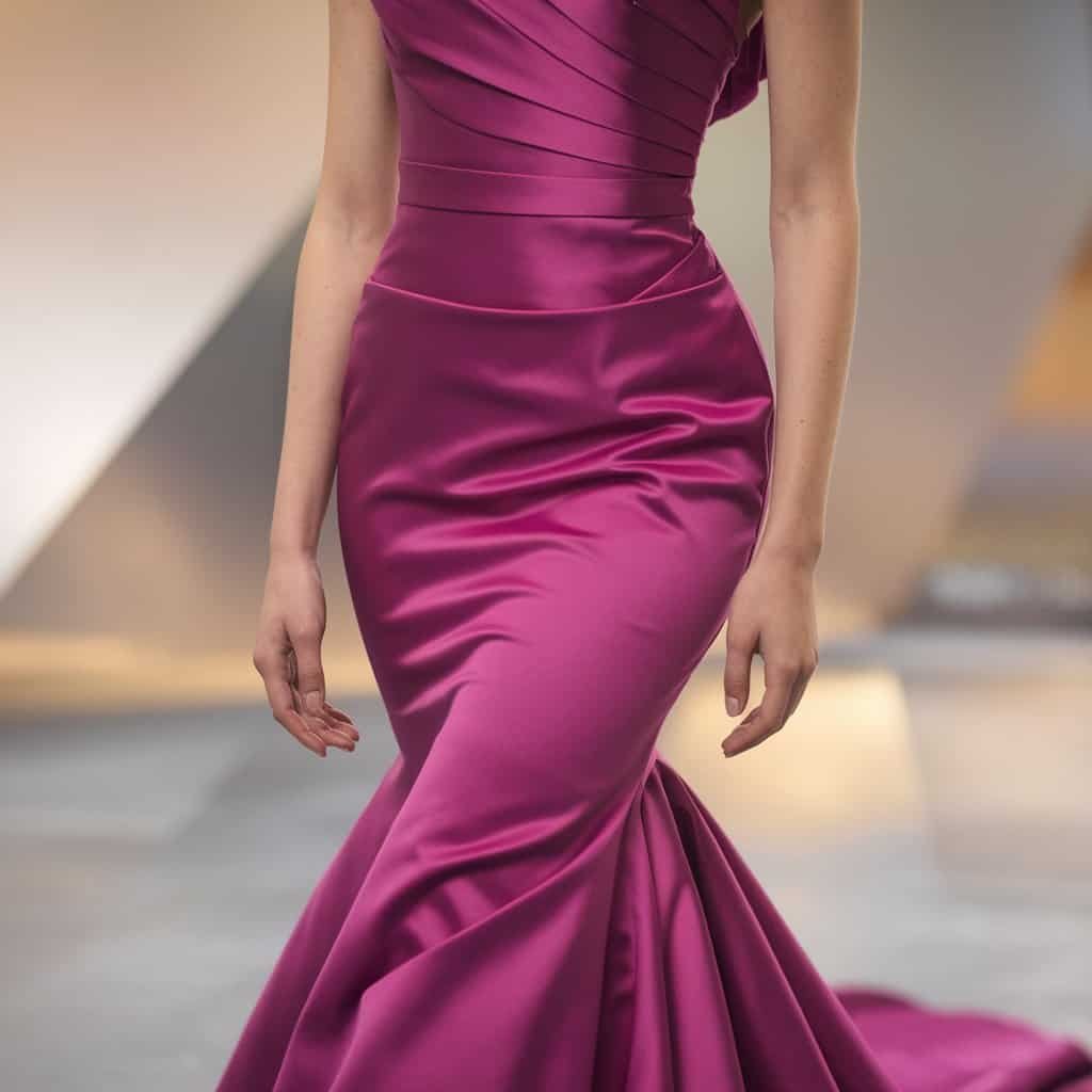 A bold fuchsia blush wedding dress with sleek cuts and statement textures, ideal for a fashion-forward bride.