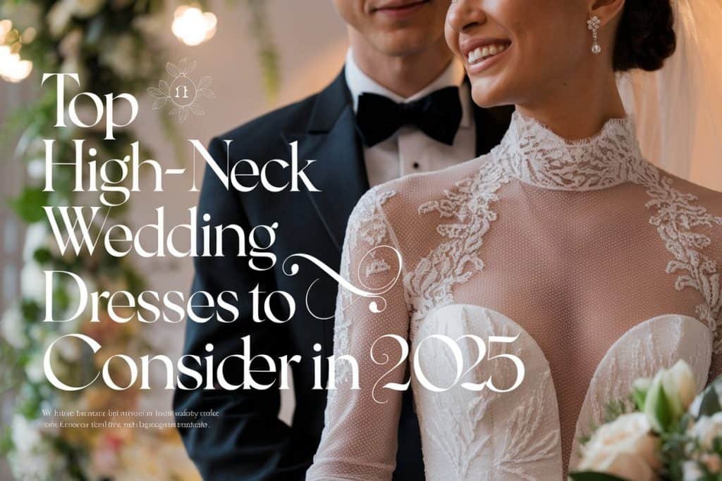 Close-up of a bride in a high-neck wedding gown with lace detailing, standing beside her groom on their wedding day, capturing a romantic moment