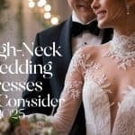 Bride and groom in an intimate close-up, featuring the bride’s elegant high-neck wedding dress with intricate lace details, surrounded by a romantic wedding setting
