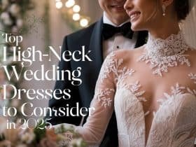 Bride and groom in an intimate close-up, featuring the bride’s elegant high-neck wedding dress with intricate lace details, surrounded by a romantic wedding setting