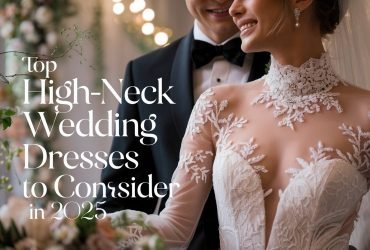 Bride and groom in an intimate close-up, featuring the bride’s elegant high-neck wedding dress with intricate lace details, surrounded by a romantic wedding setting