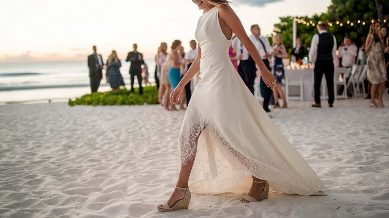 Radiant bride in Comfortable Wedding Shoes, dancing effortlessly at her reception, surrounded by twinkling fairy lights and lush greenery