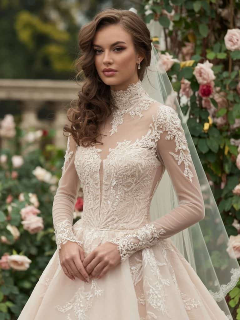 High-neck wedding dress with dramatic full sleeves and intricate lace, ideal for a classic and luxurious bridal look