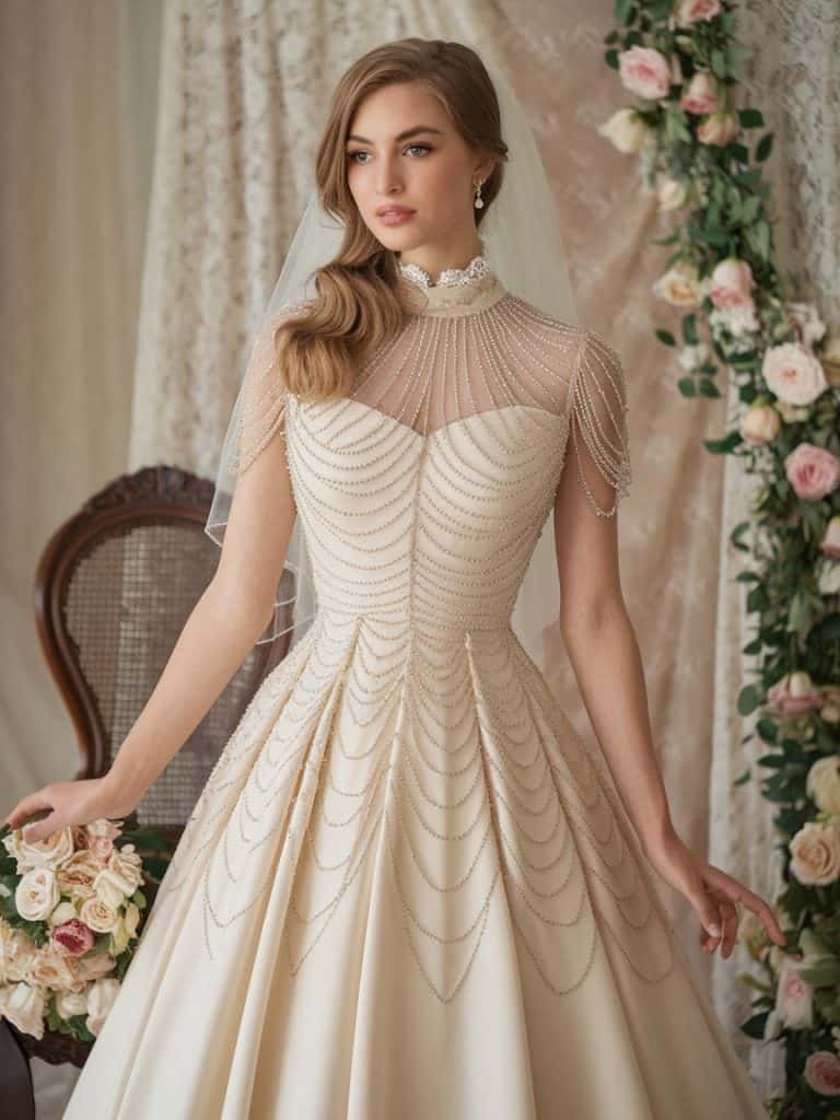 Vintage-inspired high-neck wedding dress with intricate beading and lace accents, perfect for a classic tea-length bridal look