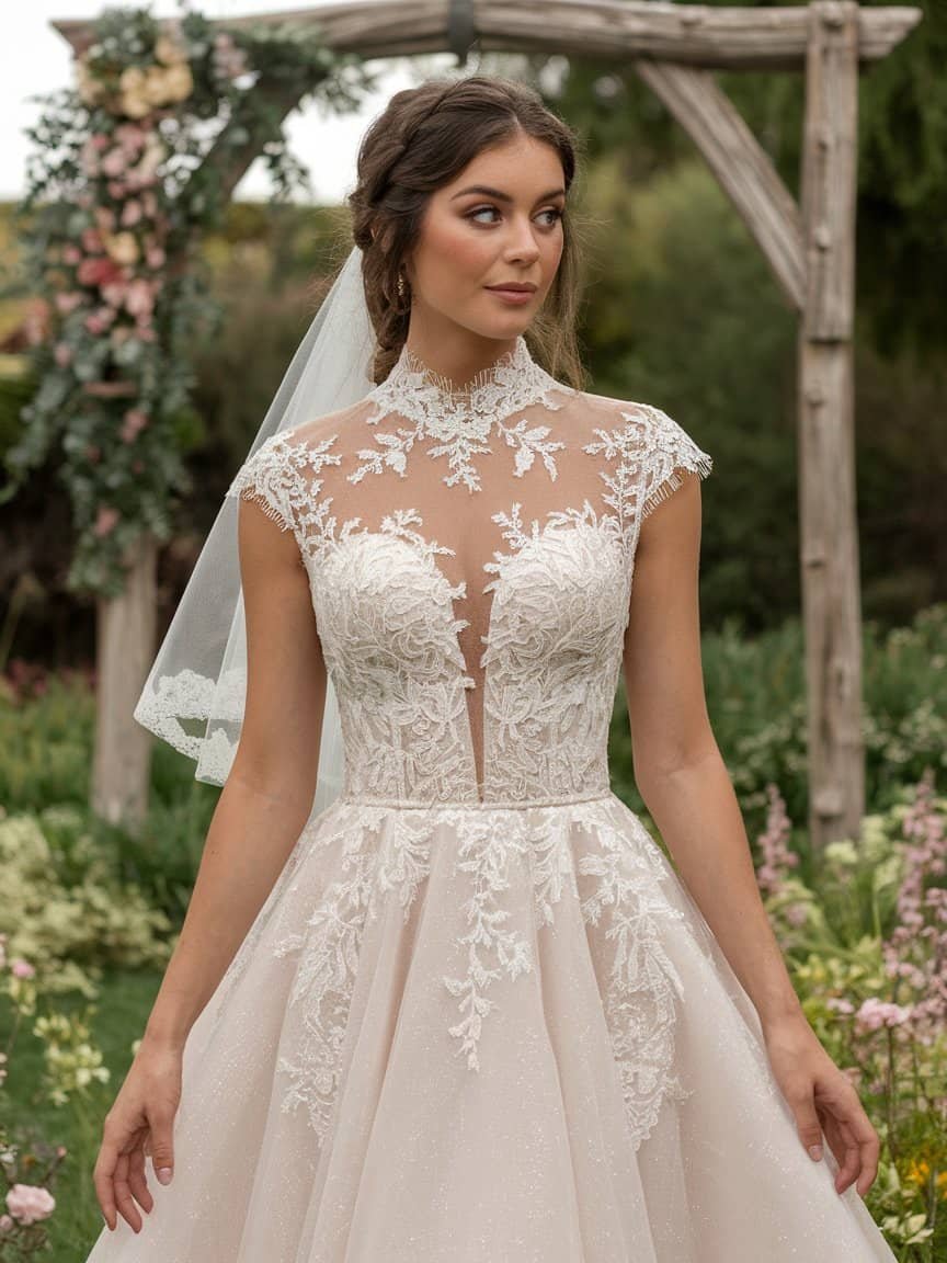 Stunning high-neck wedding dress featuring a full lace overlay, romantic cap sleeves, and optional train for a garden celebration