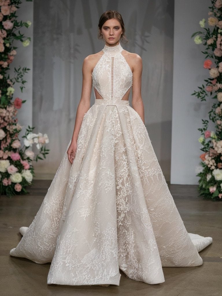 Modern Amsale bridal gown by Rita Vinieris featuring a high-neck design with neat cutouts, sleek lines, and a mix of satin twill and organza fabric