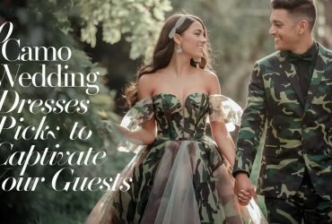 Camo Wedding Dress Bride and Groom Holding Hands - A bride and groom both wearing camo wedding attire, holding hands and enjoying their special day surrounded by nature’s beauty.