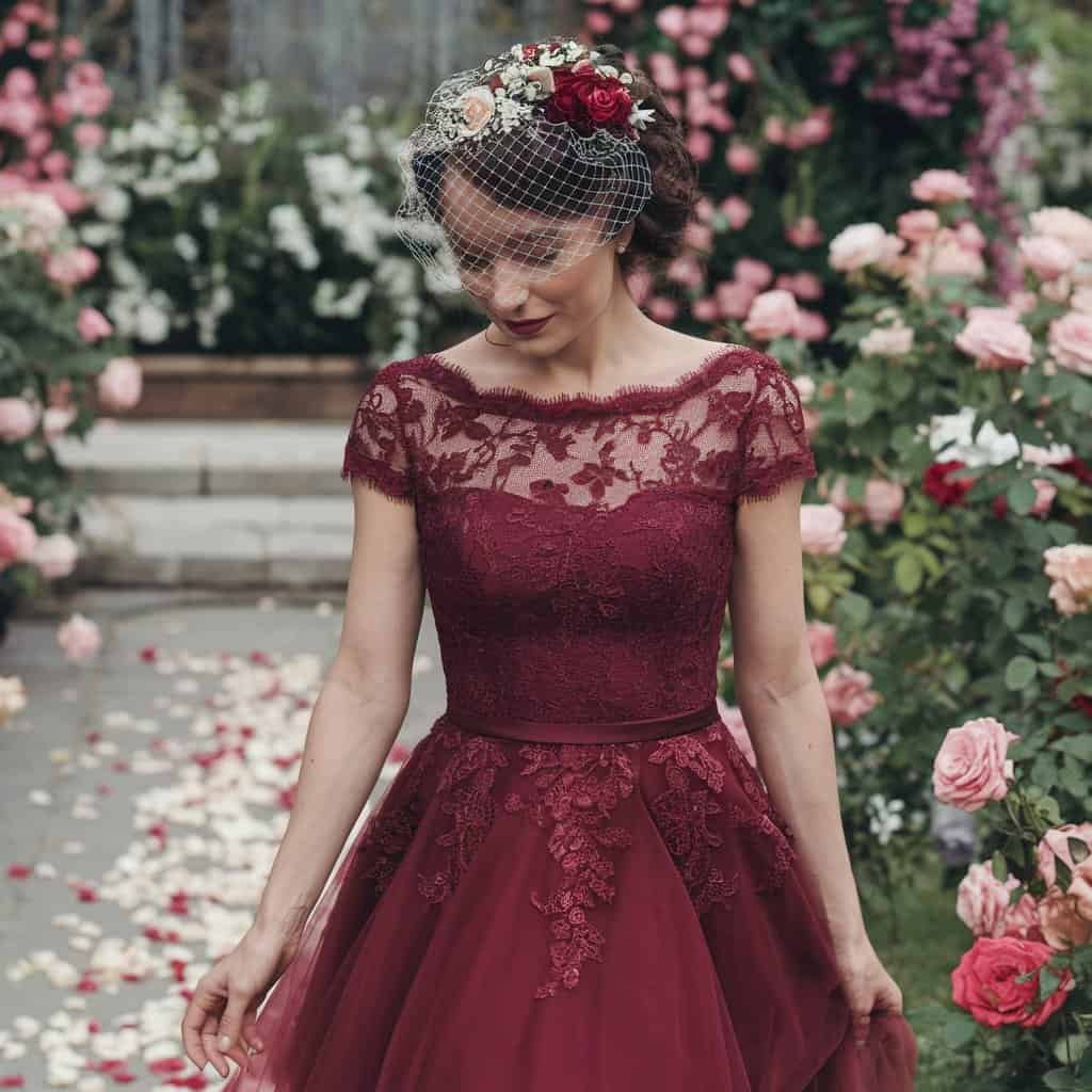 Close-up of lace details on a burgundy red wedding dress, ideal for elegant outdoor weddings.