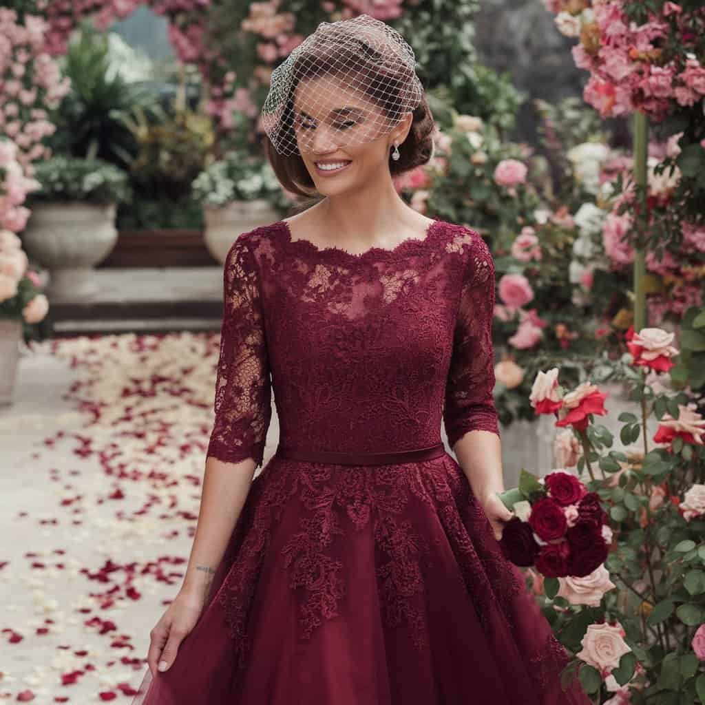 Stunning burgundy red wedding dress with delicate lace, flattering for all body types.