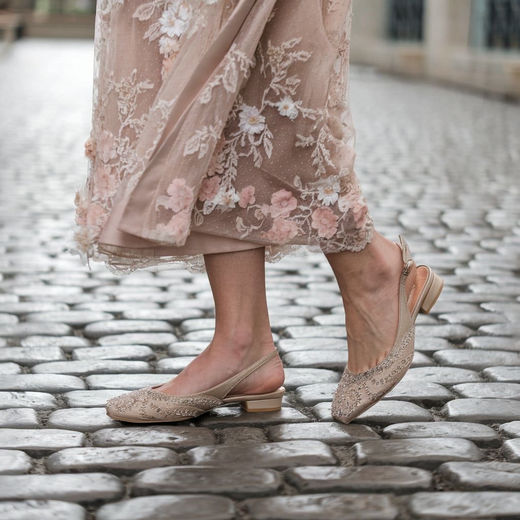 Comfortable Wedding Shoes featuring Luxurious Slingback Flats, ideal for a classy bridal look.