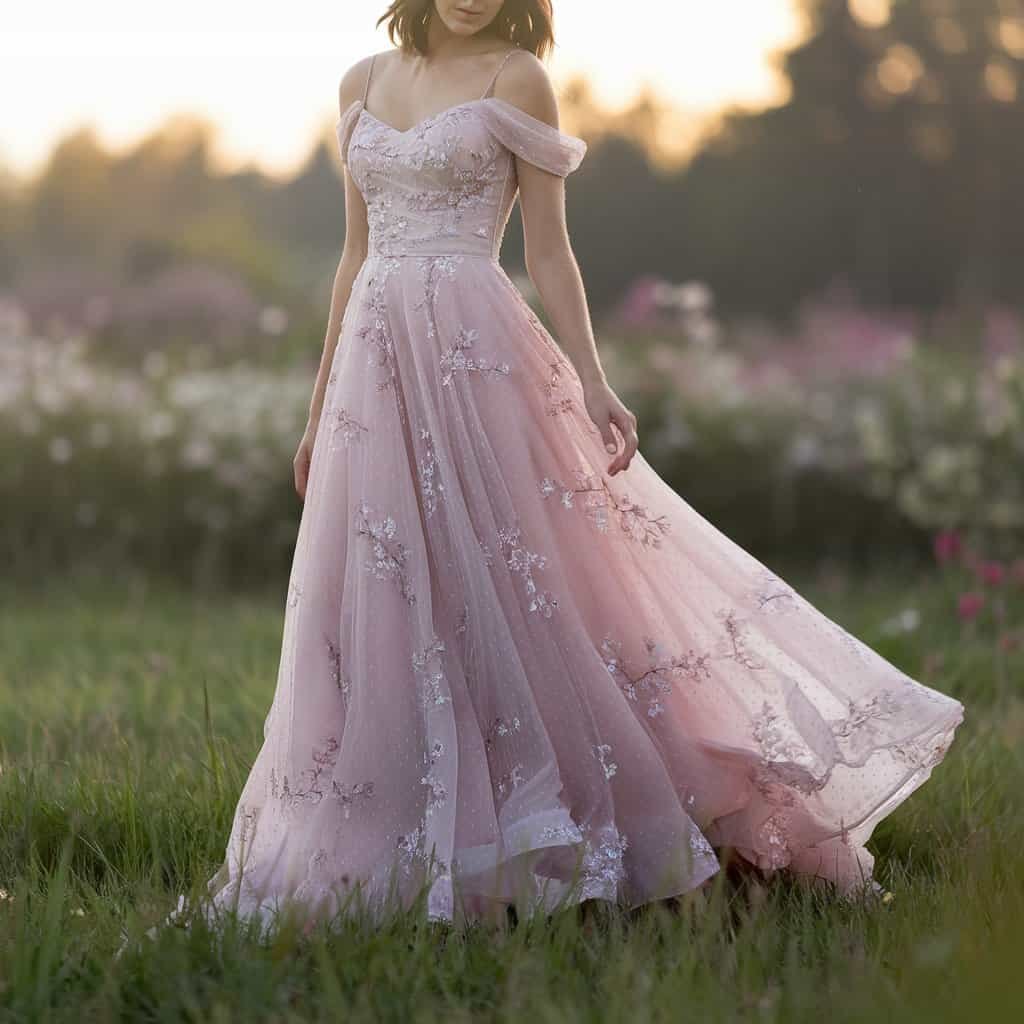 Close-up of a blush wedding dress with flowing lines and lightweight fabrics, ideal for warm-weather celebrations.