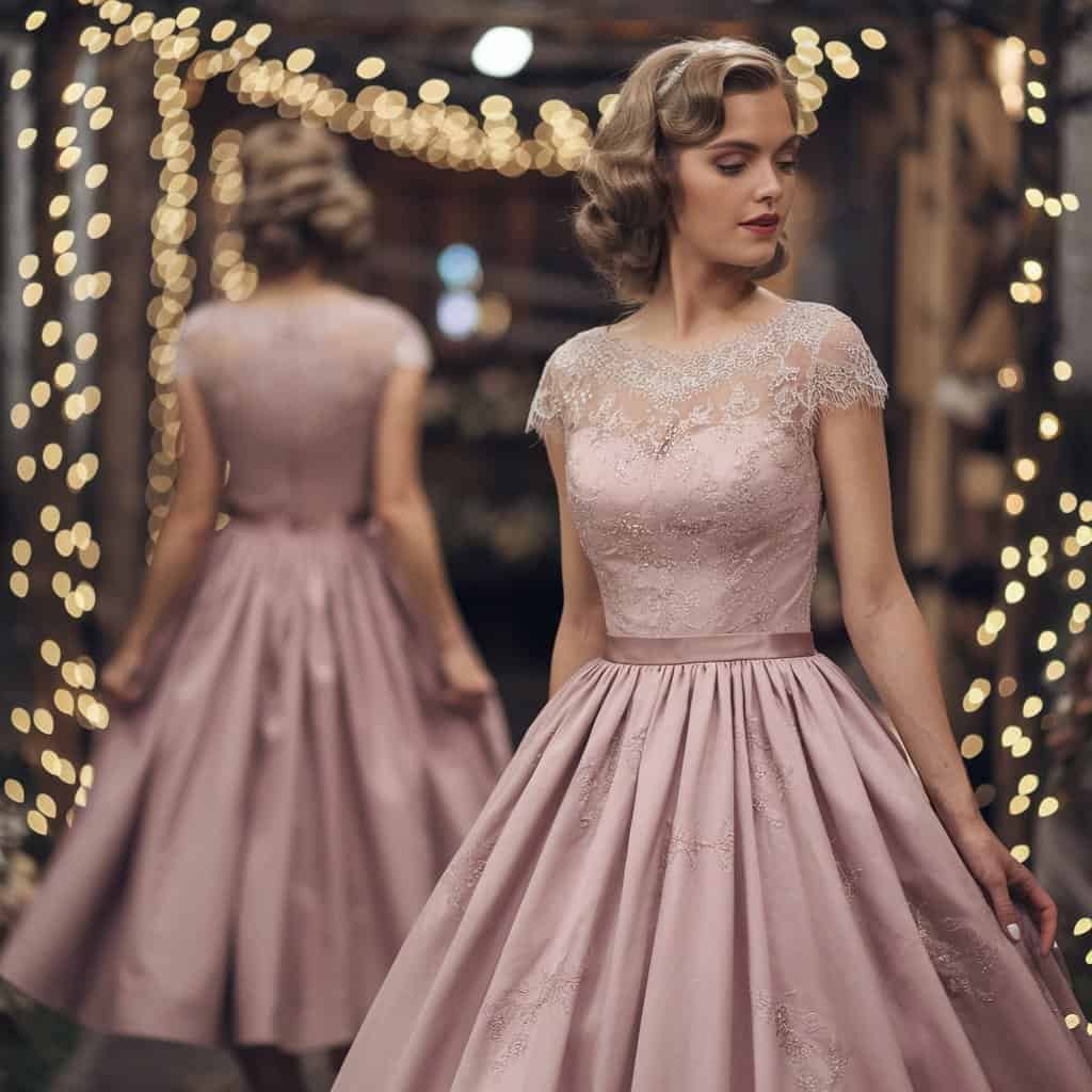 A vintage-inspired blush wedding dress in a muted dusty pink shade, ideal for a nostalgic wedding theme.