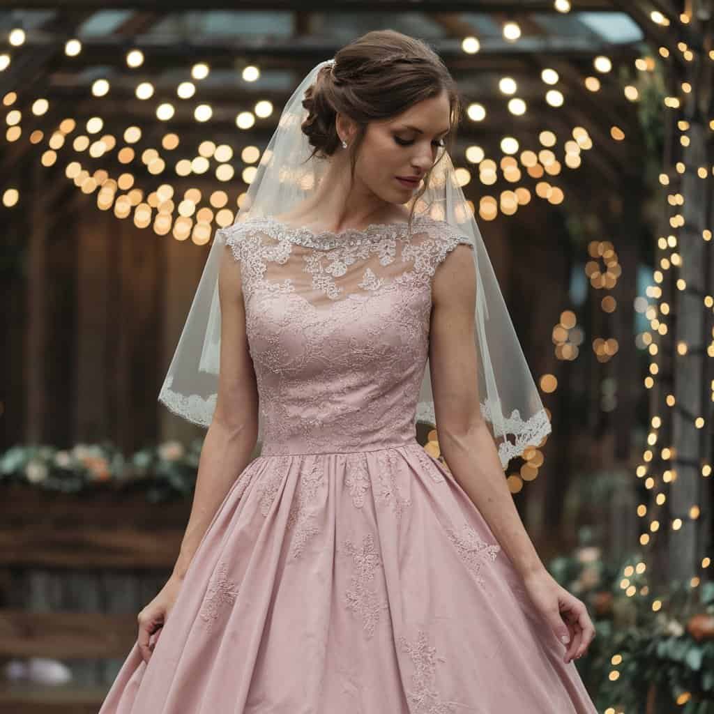 Close-up of a dusty pink blush wedding dress showcasing intricate heirloom-inspired embroidery and antique accessories.