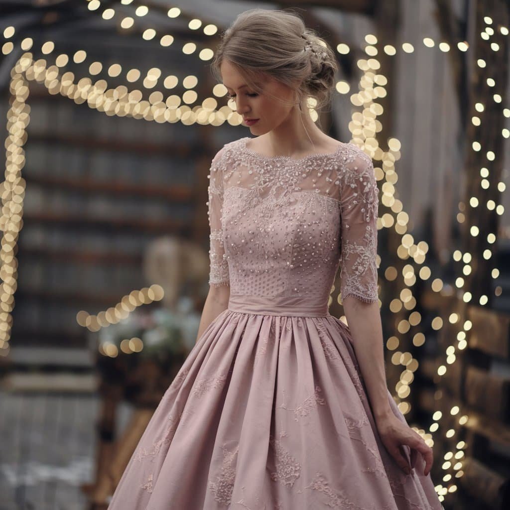 Dusty pink blush wedding dress with vintage lace detailing and a tea-length design for a retro bridal style.