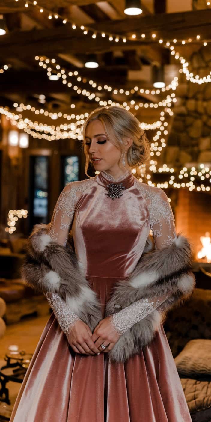 Blush wedding dress in a muted berry pink shade, featuring a dramatic train and layered textures, perfect for a winter wonderland ceremony.