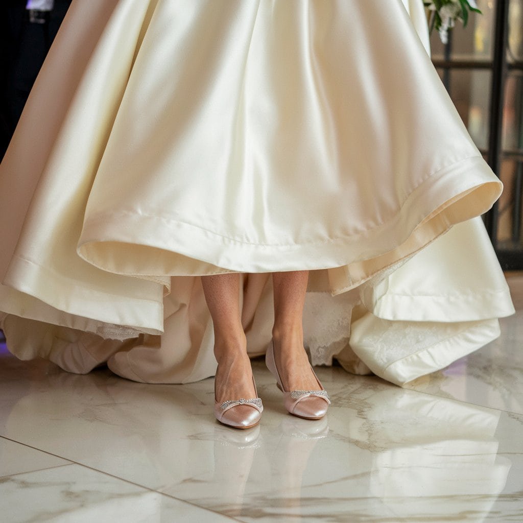Elegant bride showcasing Classic Satin Flats, the ultimate Comfortable Wedding Shoes for traditional weddings.