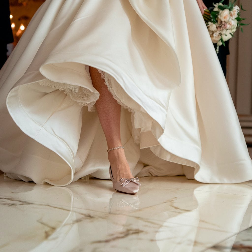 Comfortable Wedding Shoes featuring Classic Satin Flats under a satin bridal gown on the dance floor