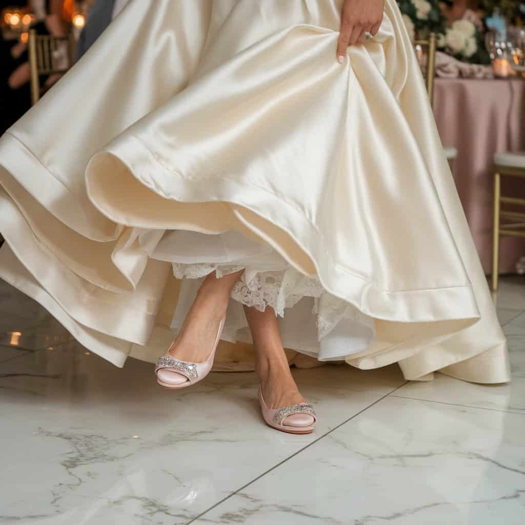 Close-up of Classic Satin Flats with cushioned insoles, perfect Comfortable Wedding Shoes for all-day wear