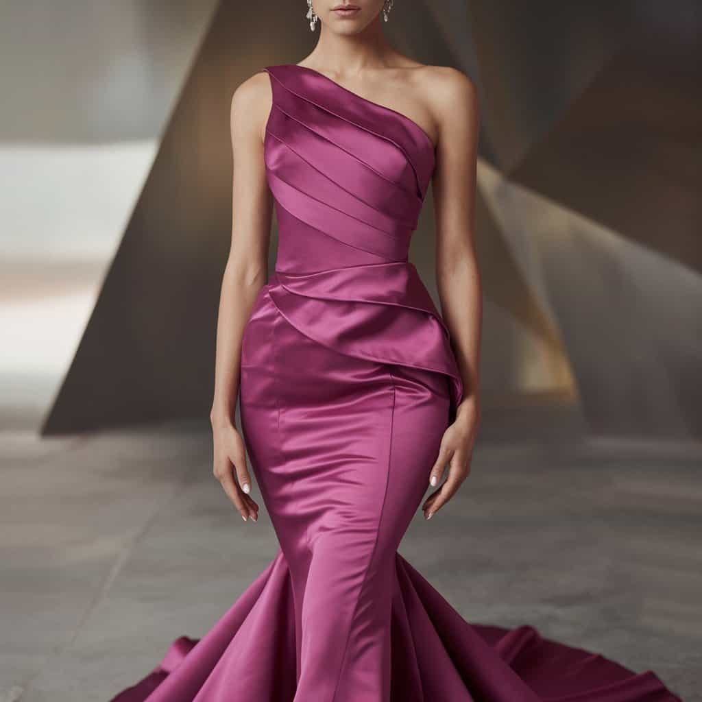 Bride in a blush wedding dress with a vibrant fuchsia hue, surrounded by minimalist décor for a contemporary wedding vibe.