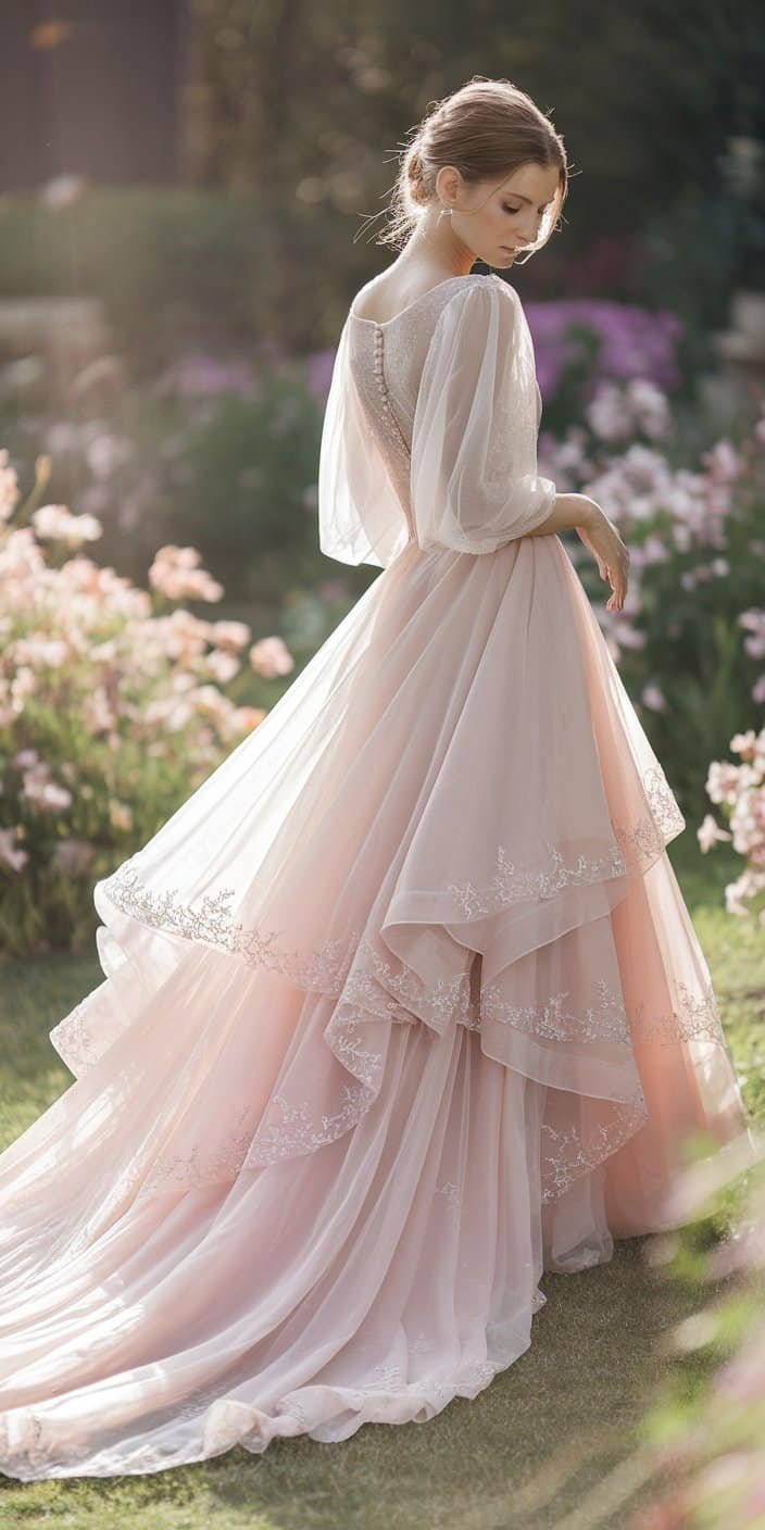 Stunning blush wedding dress in a pale rose shade, featuring intricate beadwork and soft movement for a dreamy bridal look.