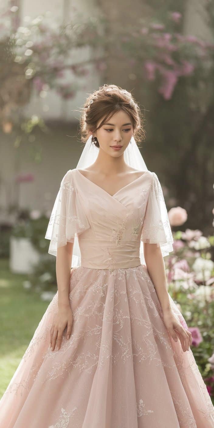 A soft pastel blush wedding dress with layered fabrics and floral motifs, capturing a delicate and innocent aesthetic.