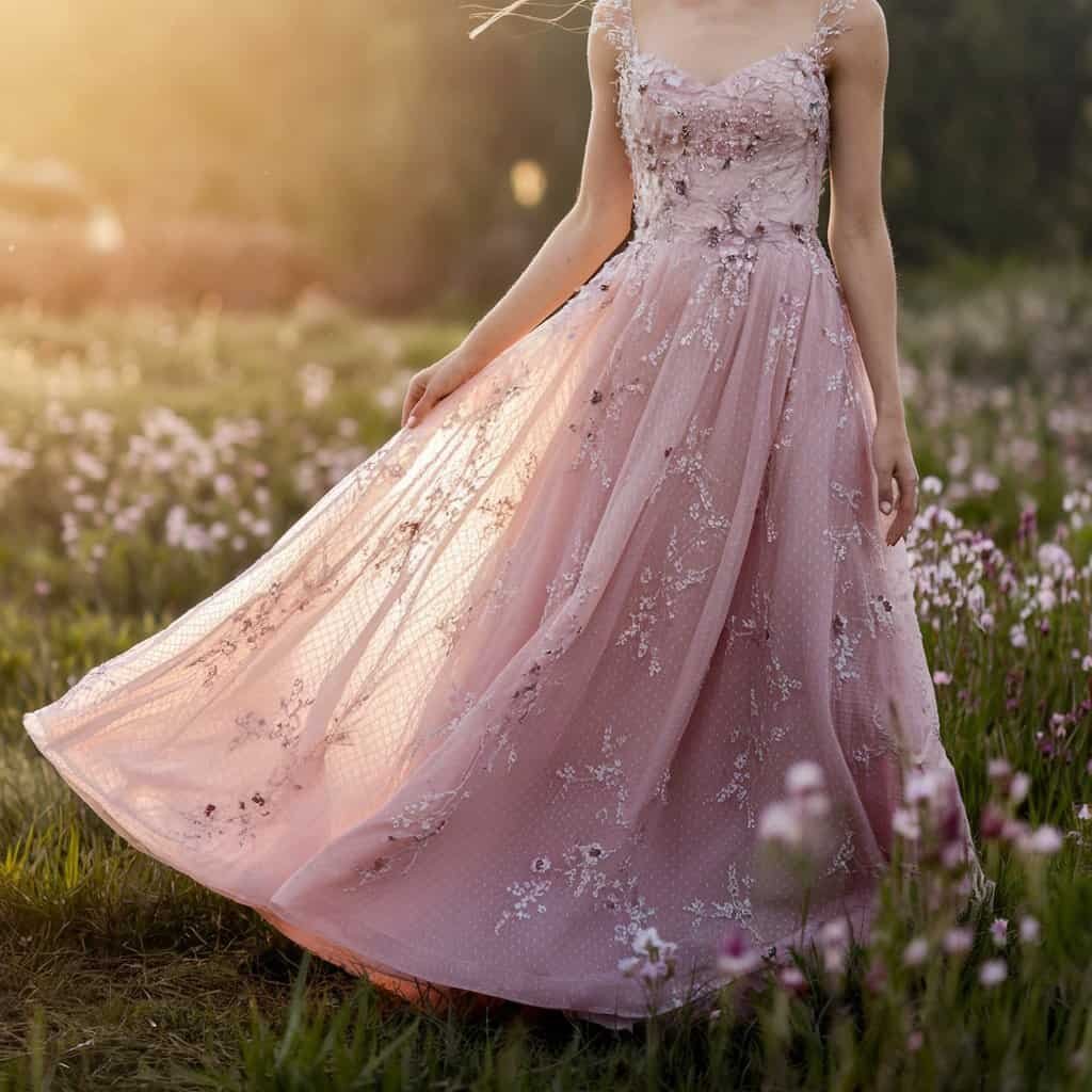 A breezy blush wedding dress in soft pink tones, featuring floral appliqués that match the season’s blooming surroundings.
