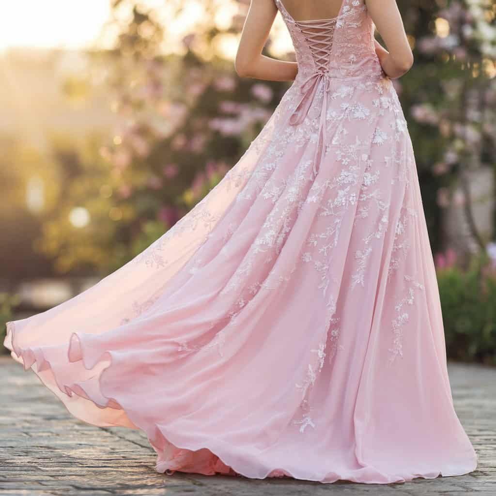 Bride glowing in a summer-inspired blush wedding dress with soft tulle layers and whimsical embroidery.