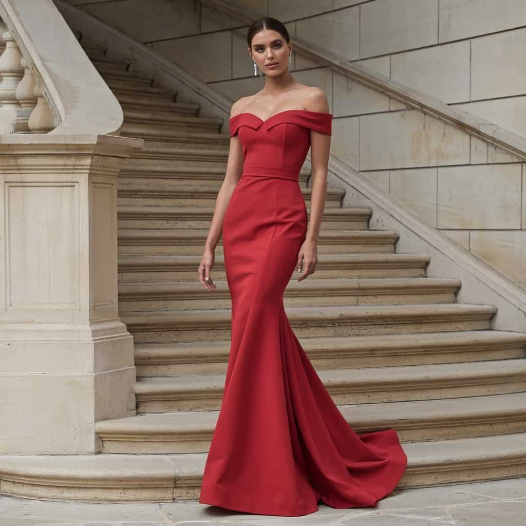Bold scarlet off-shoulder red wedding dress, perfect for making a statement on the big day.